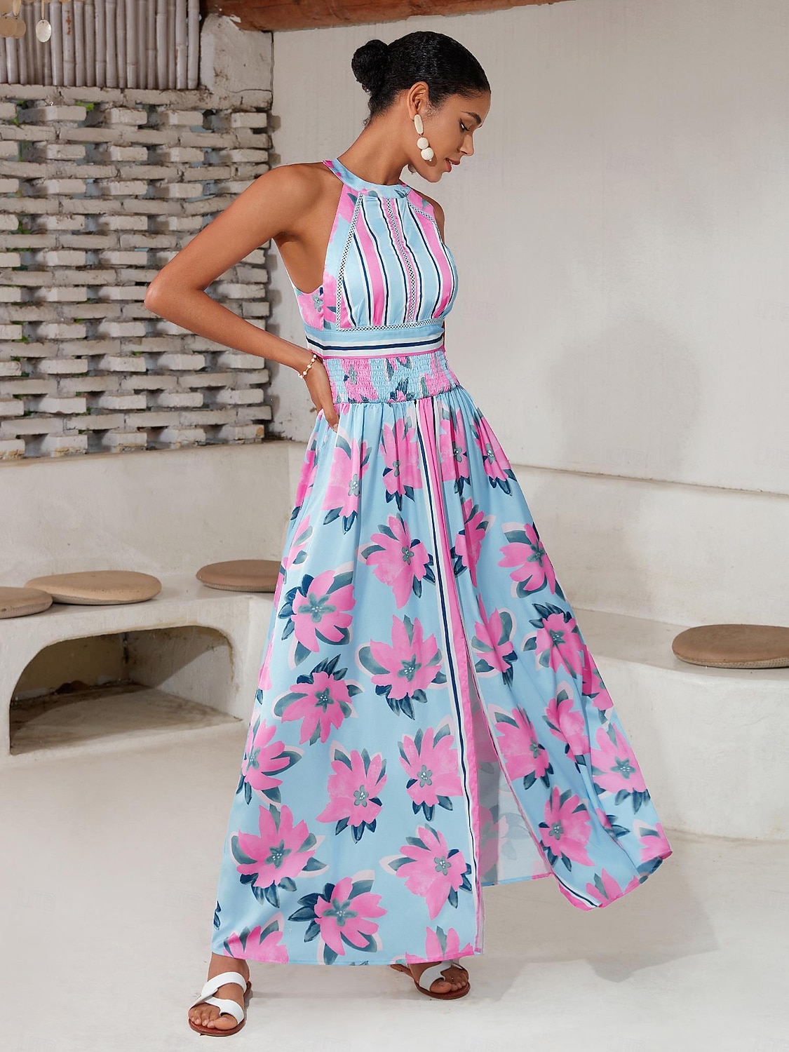 Damen Neckholder-Kleid Kleid drucken Maxidress Gelb Blau Ärmellos Blumen / Pflanzen Rückenfrei Elastische Taille Print Sommer Halfterhals Urlaub XS S M 2025 - $119.99 –P1
