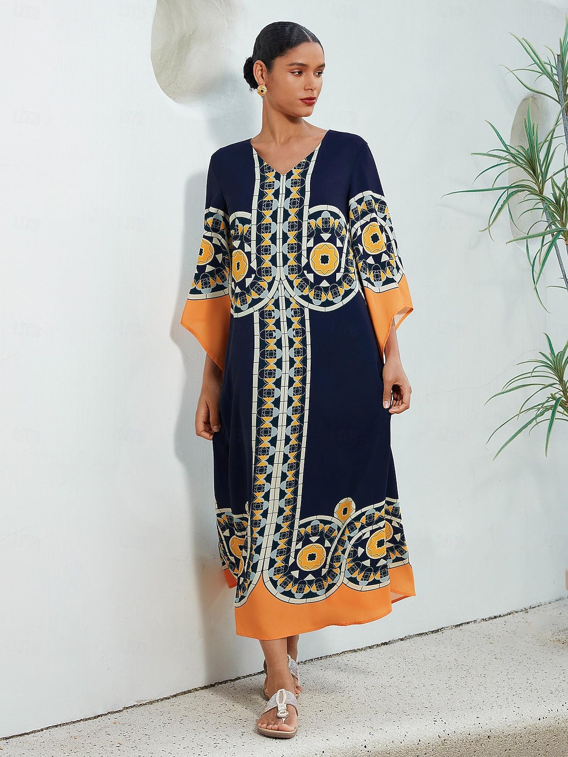 Dame Resort Wear Maxikjole Navyblå 3/4 ermer Folk Printer Vår sommer V-hals Fritid Strandferie XS S M 2025 - $124.99 –P4