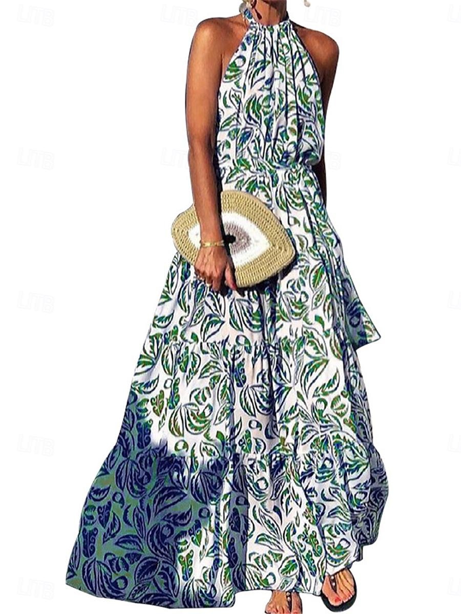Pentru femei Rochie Lunga Rochie Maxi Rochie casual Rochie leagăn Rochie A line Rochie de vară Stilat Casual Vacanță Zilnic Dată Fit regulat Floral Fără manșon Gâtul halter Albastru piscină Trifoi 2025 - $33.99 –P3