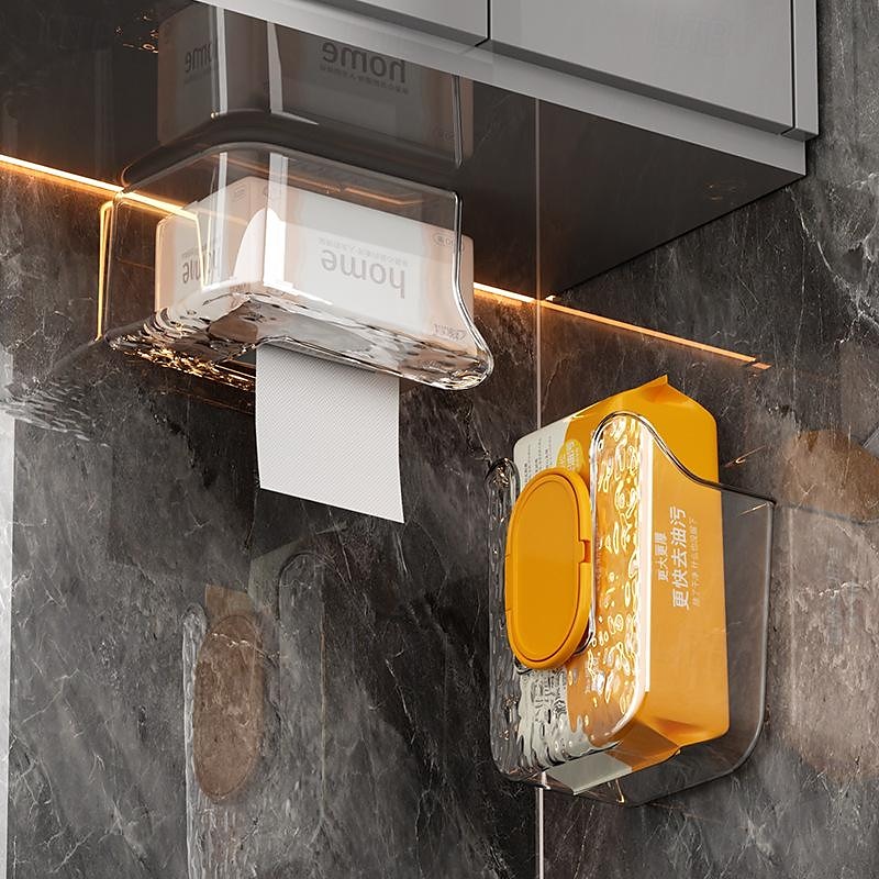 wandgemonteerde tissuebox, opbergdoos voor keukendoekjes, zelfklevende toiletrolhouder voor aan de muur, zonder ponsen 2025 - $8.99 –P3