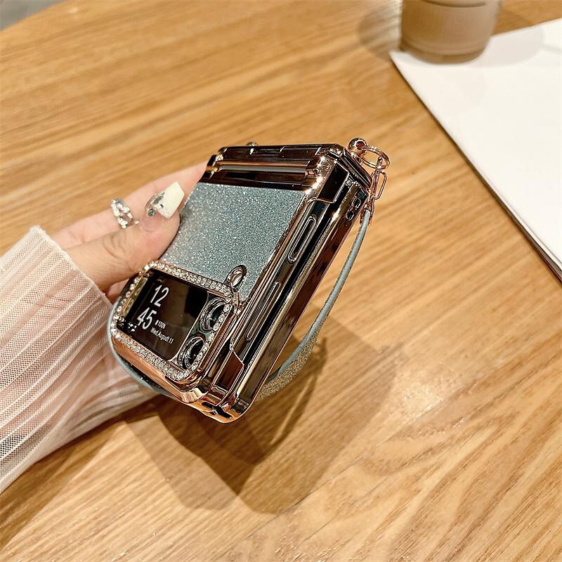 2025年 電話 ケース 用途 サムスンのギャラクシー Zフリップ6 Z Flip 5 Z Flip 4 Z Flip 3 バックカバー リストストラップ付き ブリンブリングリッターシャイニー 耐衝撃 仕上げ PC メタル コレクション – $30.99 –P6