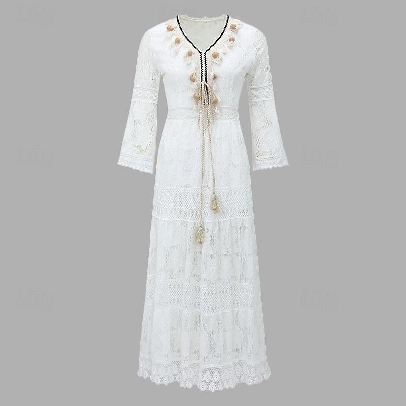 Damskie Sukienka maxi Biała sukienka Biała koronkowa suknia ślubna Sukienki w stylu boho Sukienka Boho Elegancja Bohema Linia A Urlop Święto Regularny Długi rękaw W serek Biały Morelowy Lato 2025 - $57.99 –P1