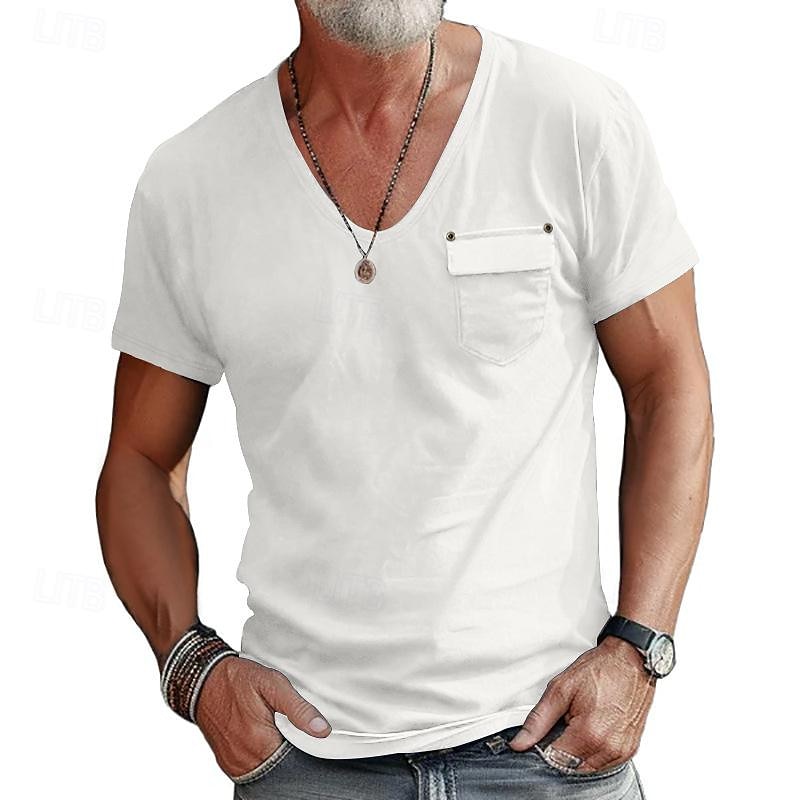 Men's T Shirt Tee Short Sleeve Shirt Tee Top Short Sleeve V Neck Spring & Summer Plain Fashion Designer Basic Front Pocket Vacation Street Going out Black White Blue Top Tee for Men 2026 - $21.99 –P4