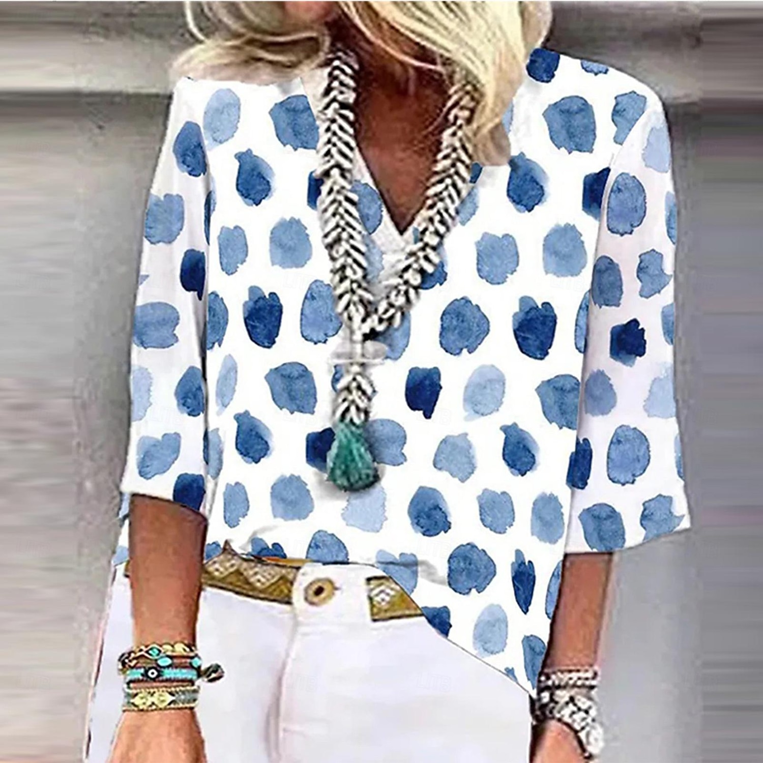 Femme T shirt Pois Mode Manches 3/4 Col V Hauts réguliers du quotidien Fin de semaine Imprimer Jaune Bleu Vert Eté de 2025 ? $27.99 –P1
