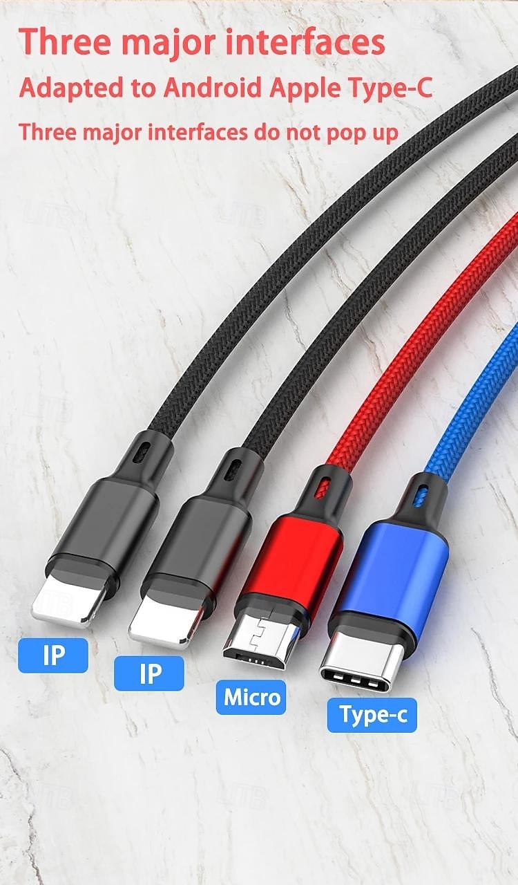 4 In 1 USB Cable For iPhone 3 In 1 USB A To Micro USB/Type C/8 Pin Charger Cable 3A Fast Charging Cabl For Huawei Samsung Xiaomi 2025 - $12.99 –P2