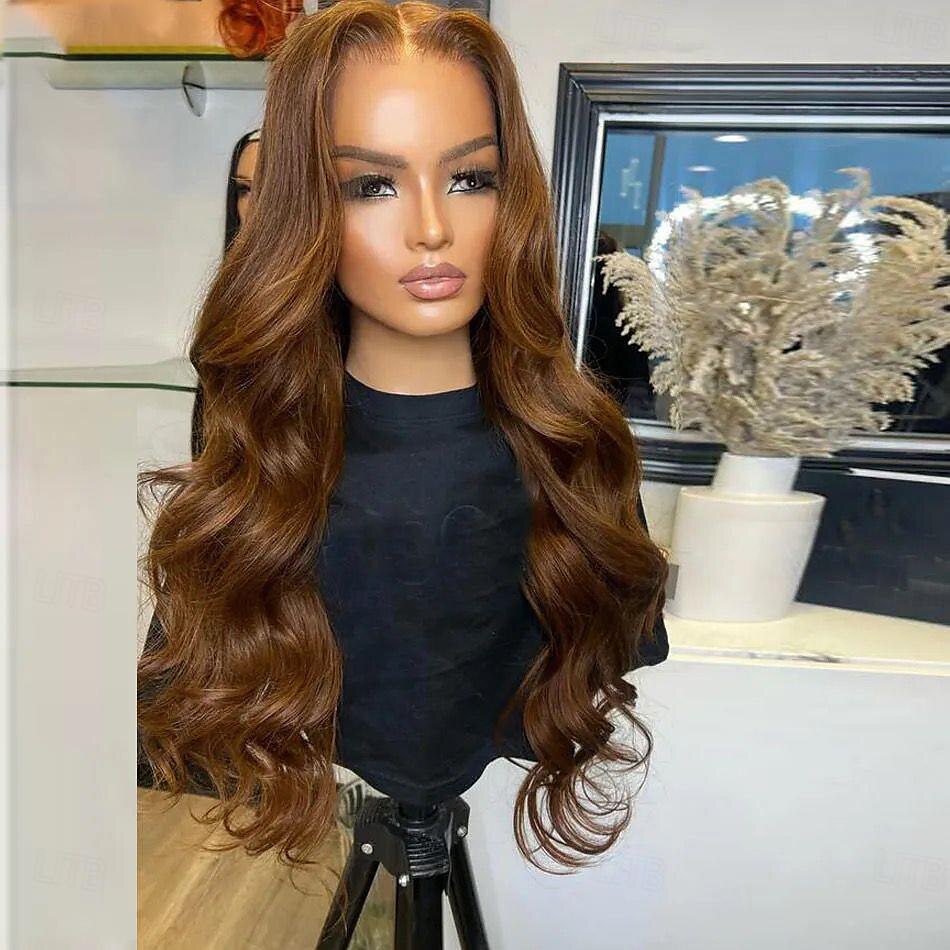 Perruque Cheveux vierges non transformés 13x4 devant en dentelle Cheveux Brésiliens Ondulé Marron Partie libre Femme Densité 130% 150% avec des cheveux de bébé Ligne de Cheveux Naturelle 100% vierge de 2025 ? $215.69 –P4