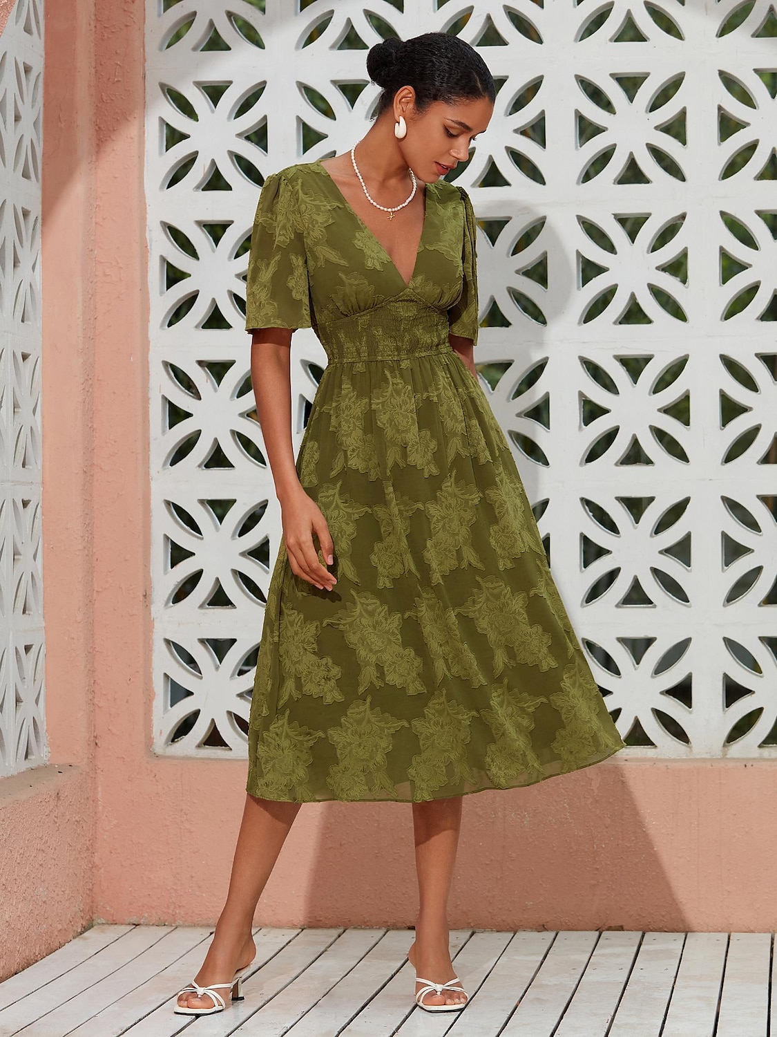 Mulheres Vestido elegante Verde Manga Curta Jacquard Jacquard Primavera Verão Decote V Vestido elegante Férias Encontro S M L de 2025 por $57.99 –P4