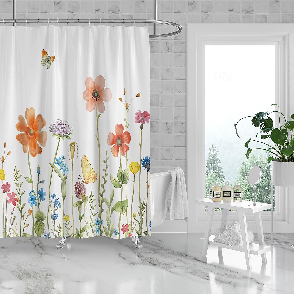 Dusjforheng med kroker 180cm*180cm (70"*70") polyester vaskbart vanntett mønster badekar dekor vintage sommerfuglblomster 2025 - $19.99 –P15