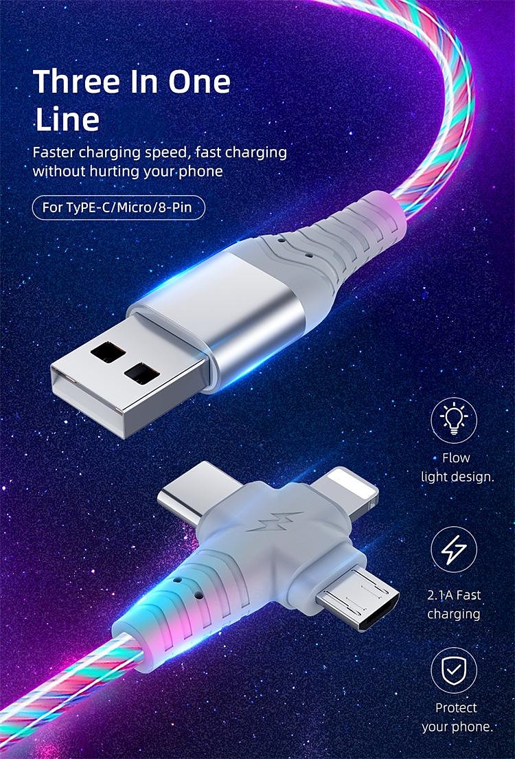Светодиодный кабель Rapid 3a — тройной порт USB для синхронизации Lightning  & зарядка - мощность 10-20 Вт, прочный абс, универсальная совместимость 2025 - $12.99 –P1