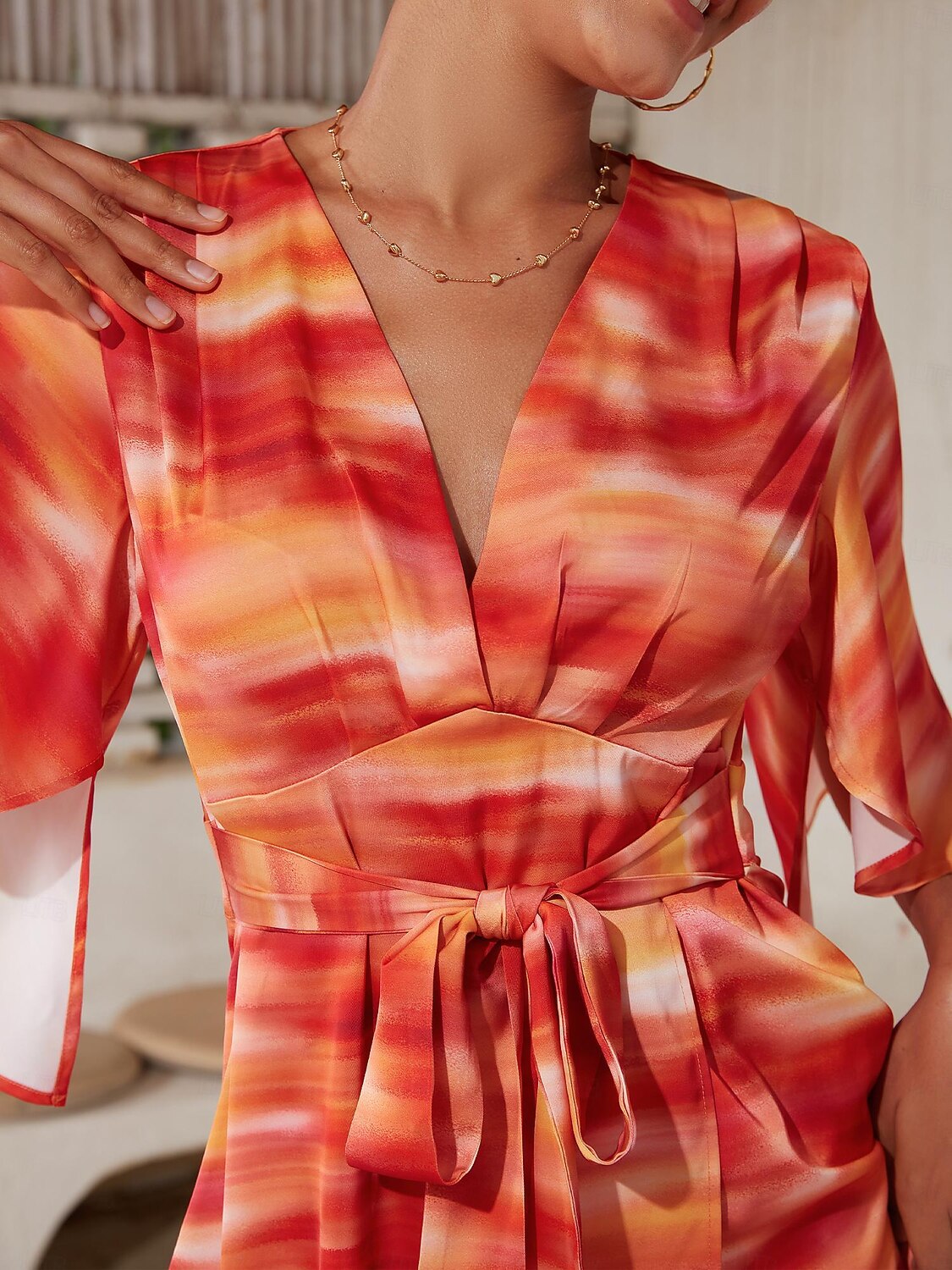 2025年 女性用 ヘムマキシ マキシドレス ルビーレッド ハーフスリーブ シェーディング プリント 夏 Ｖネック ドレス バケーション S M L  コレクション – $103.99 –P5