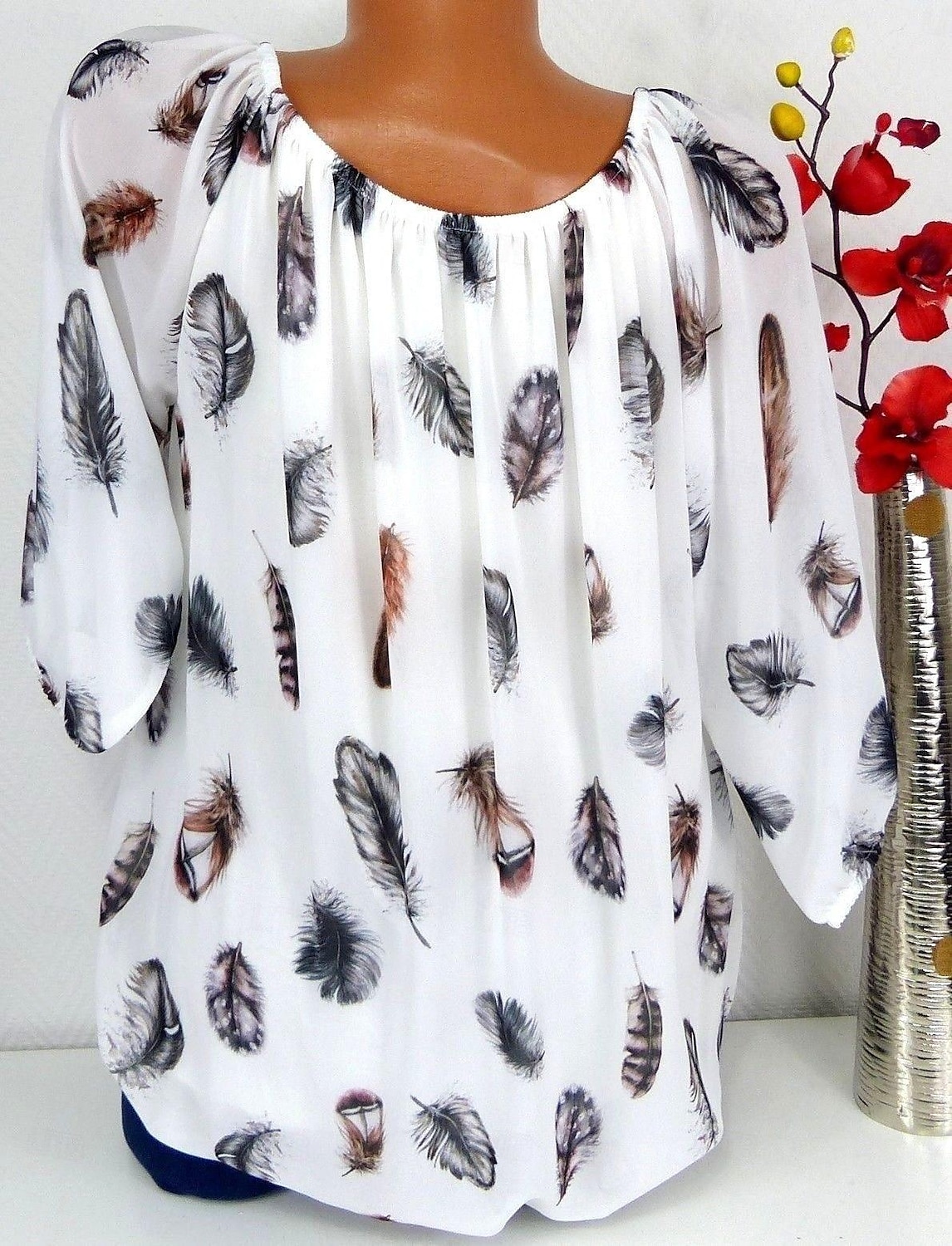 Damen Boho Bluse Federdruck Langarm V-Ausschnitt Krawattenbänder fließendes Top weiß braun lässig Strand Festivalmode entspannte Passform Frühling Sommer Kleidung 2025 - $24.99 –P5