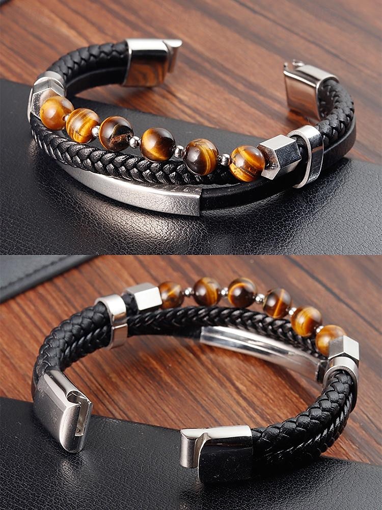 Geflochtenes Lederarmband für Herren mit Tigerauge-Perlen und Edelstahl-Akzenten – stilvoller Schmuck für legere oder formelle Anlässe 2025 - $18.99 –P2