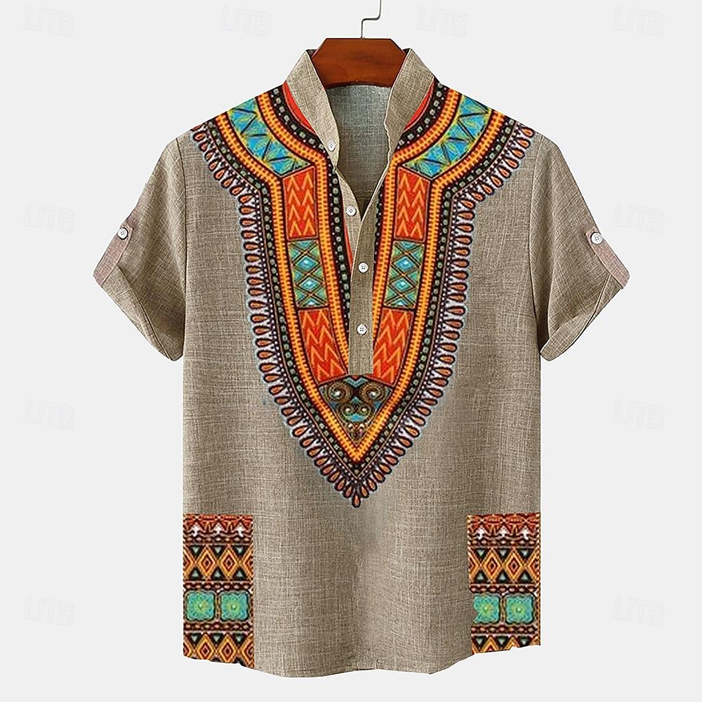 Homme Chemise Lin Chemise Henley Shirt chemises rétro Chemise Vintage Chemise ethnique Ethnique Vacances du quotidien Bleu Vert Kaki Manche Courte Col Mao Eté Printemps Vêtement Tenue Imprimer de 2025 ? $27.99 -P4