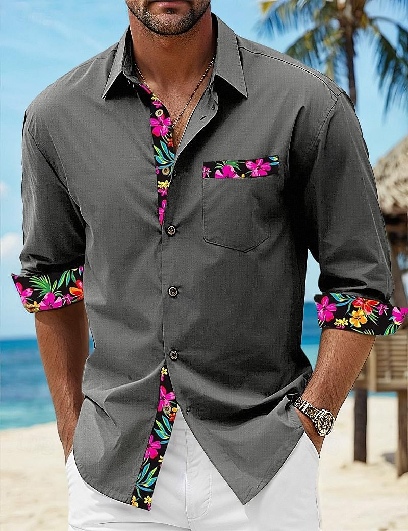 Voor heren Overhemd linnen overhemd Zomer overhemd Strand Kleding Overhemd met knopen Bloemig Vakantie Curise Zwart Wit Blozend Roze blauw Lange mouw Revers Lente & Herfst Kleding Splits 2025 - $26.99 –P7