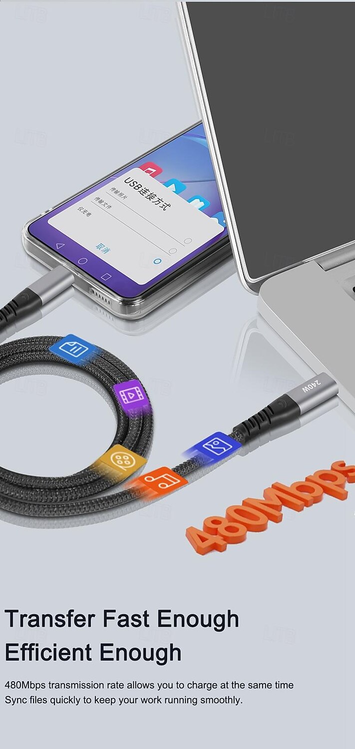 1 упаковка Кабель USB 3.0 100 Вт 3,3 фута USB-C на USB-C 6 A Кабель для зарядки Быстрая зарядка Высокая скорость передачи данных нейлон плетеный Прямой угол Прочный Назначение Macbook iPad Samsung 2025 - $15.99 –P4