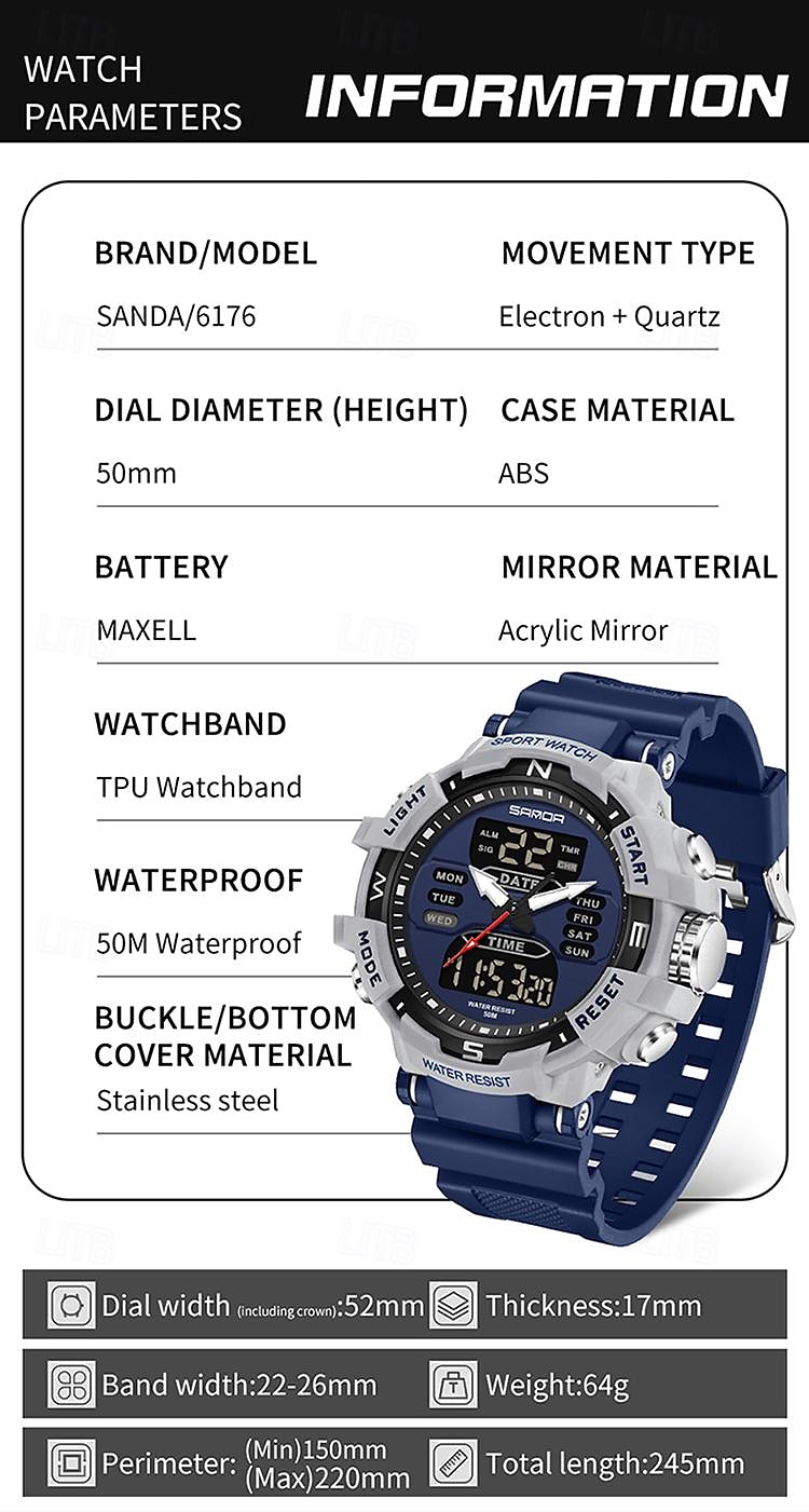 SANDA Heren Digitale Horloge Buiten Sports Mode Polshorloge Luminous Stopwatch Alarmklok Countdown TPU Horloge 2025 - $28.99 –P7