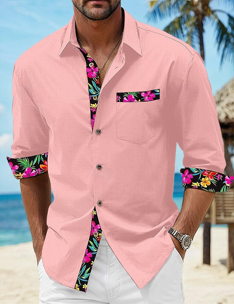 Voor heren Overhemd linnen overhemd Zomer overhemd Strand Kleding Overhemd met knopen Bloemig Vakantie Curise Zwart Wit Blozend Roze blauw Lange mouw Revers Lente & Herfst Kleding Splits 2025 - $26.99 –P6