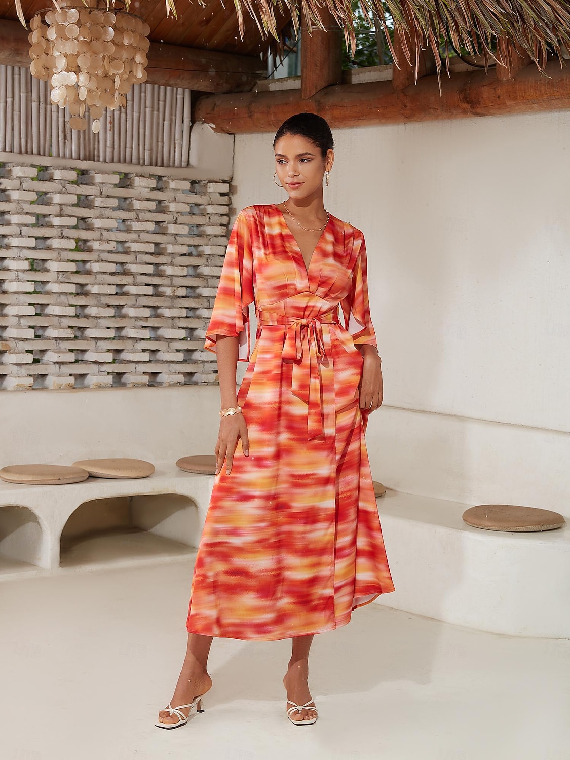 2025年 女性用 ヘムマキシ マキシドレス ルビーレッド ハーフスリーブ シェーディング プリント 夏 Ｖネック ドレス バケーション S M L  コレクション – $103.99 –P7