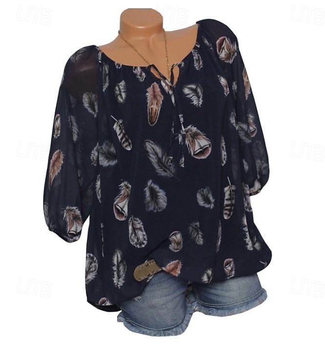 Damen Boho Bluse Federdruck Langarm V-Ausschnitt Krawattenbänder fließendes Top weiß braun lässig Strand Festivalmode entspannte Passform Frühling Sommer Kleidung 2025 - $24.99 –P8