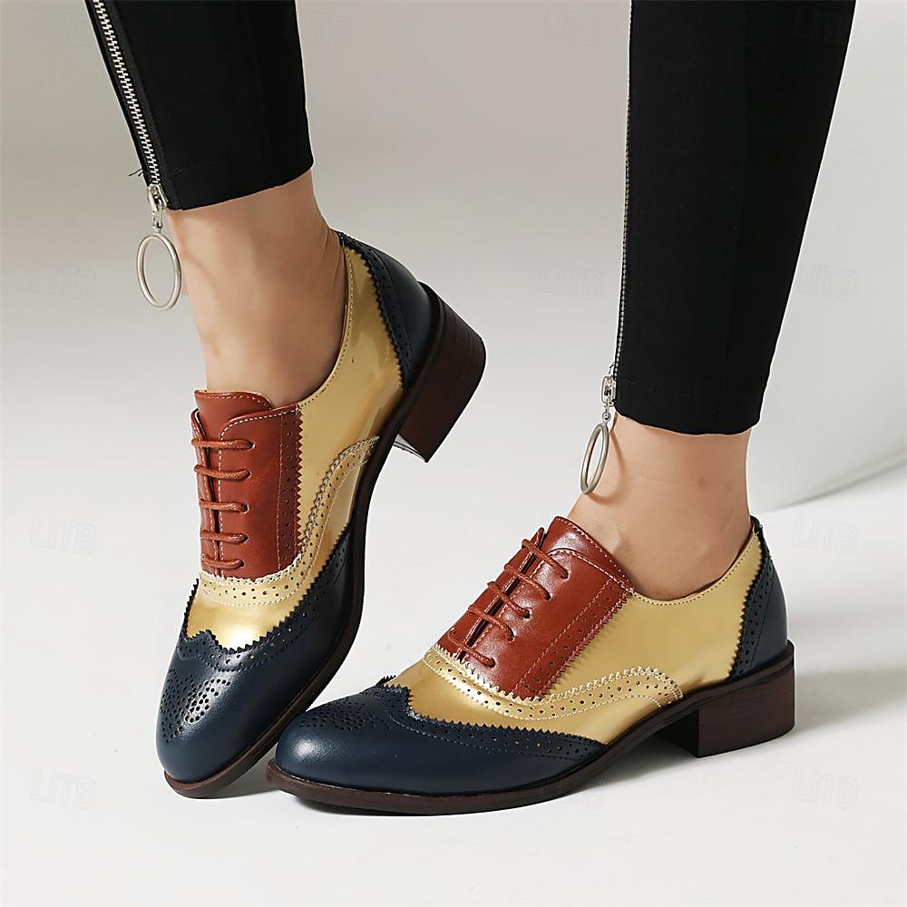 Damen Halbschuhe Retro Bullock Schuhe Täglich Farbblock Schnürsenkel Blockabsatz Runde Zehe Vintage Brautkleider schlicht Wanderschuhe PU Schnürsenkel Schwarzes Gold Schwarz / weiss Rosa 2025 - $59.99 –P5