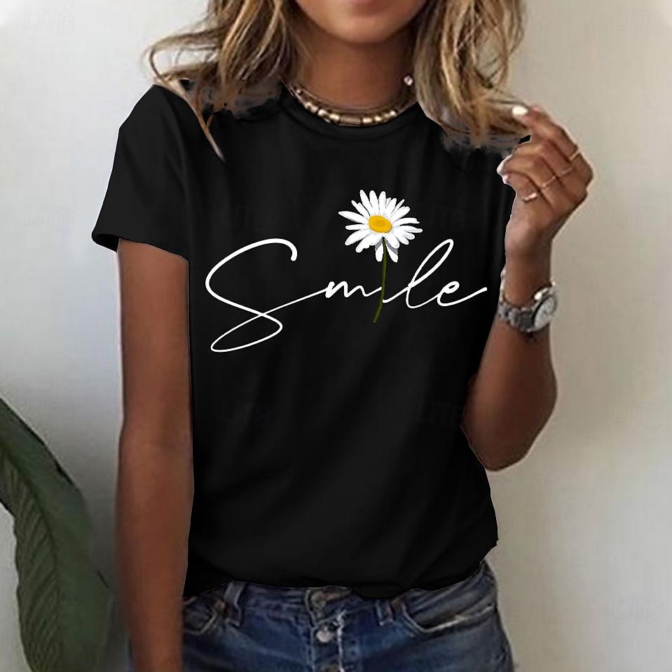 Women's T Shirt Daisy Basic Short Sleeve Round Neck Regular Tops Casual Weekend Print Black White Yellow Pink Navy Blue 2025 - $27.99 –P15