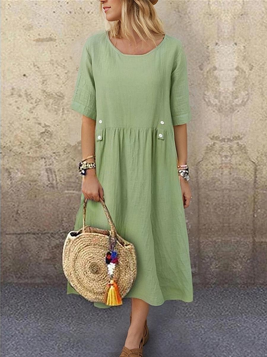 Femmes Blanche Violet Vert Été Printemps Robe Midi Robes inspirées du lin Robe Blanche Robe Décontractée Basique Quotidien Week-end Coupe Ample Uni Col ras du cou de 2025 ? $26.99 –P4