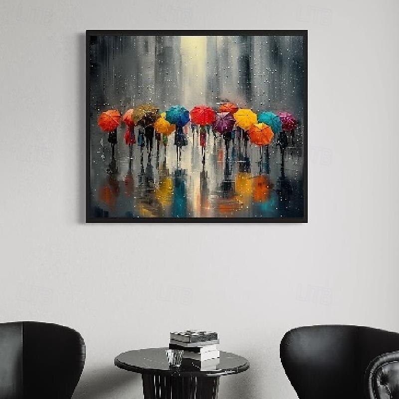 handgemalte Menschen mit Regenschirmen in einer regnerischen Stadt, handgemachte Wandkunst, abstraktes graues Farbspritzer-Gemälde, Leinwandgemälde, modernes Landschaftsgemälde für Wohnzimmerdekor, 2025 - $125.99 –P10