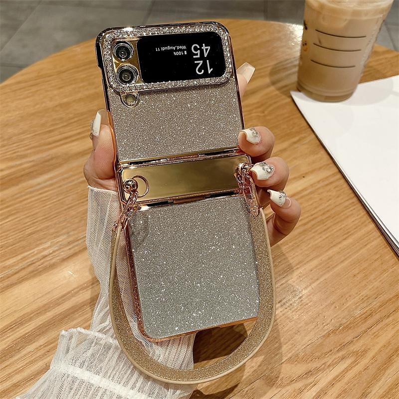 2025年 電話 ケース 用途 サムスンのギャラクシー Zフリップ6 Z Flip 5 Z Flip 4 Z Flip 3 バックカバー リストストラップ付き ブリンブリングリッターシャイニー 耐衝撃 仕上げ PC メタル コレクション – $30.99 –P10