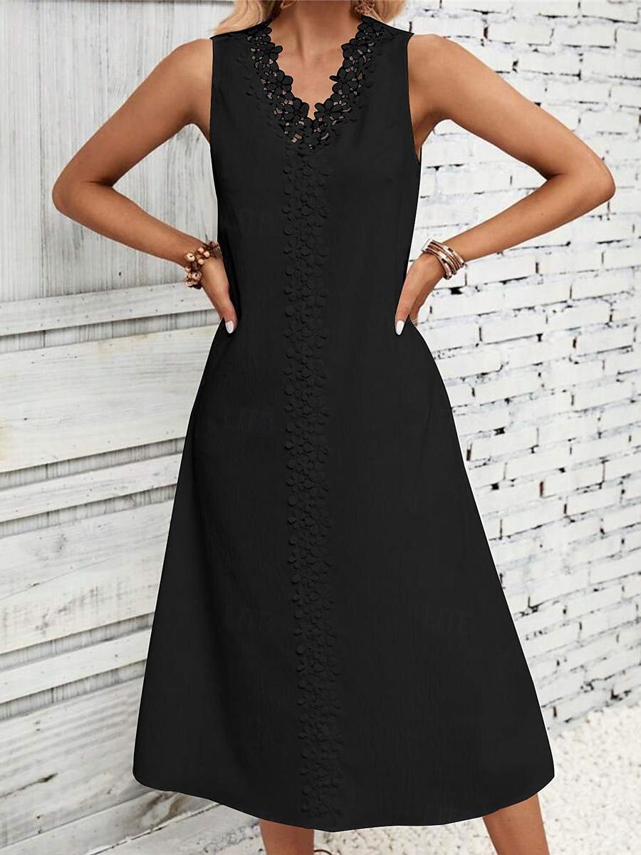 Damen Weißes Kleid Midikleid Baumwolle Spitze Patchwork Verabredung Urlaub Strassenmode Basic V Ausschnitt Ärmellos Schwarz Weiß Farbe 2025 - $39.99 –P5