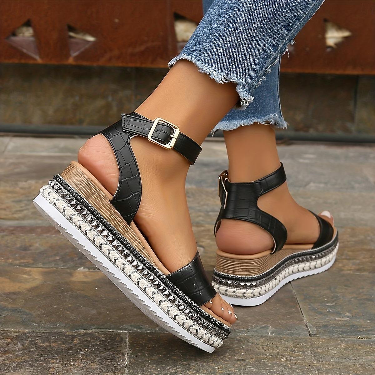 női bézs krokodil - dombornyomott espadrille ékszandál, állítható bokapántos platform szandál nyári hétköznapokra 2026 - $34.99 –P7