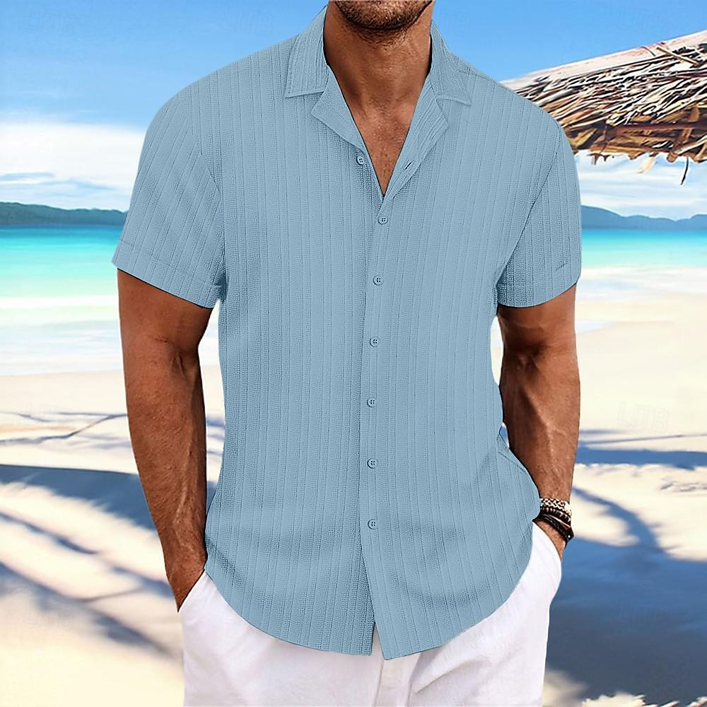 Men's Shirt Summer Shirt Beach Wear Button Up Shirt Casual Shirt Black White Navy Blue Blue khaki Short Sleeve Stripes Lapel Daily Vacation Clothing Apparel Fashion Casual Comfortable 2025 - $21.99 –P3