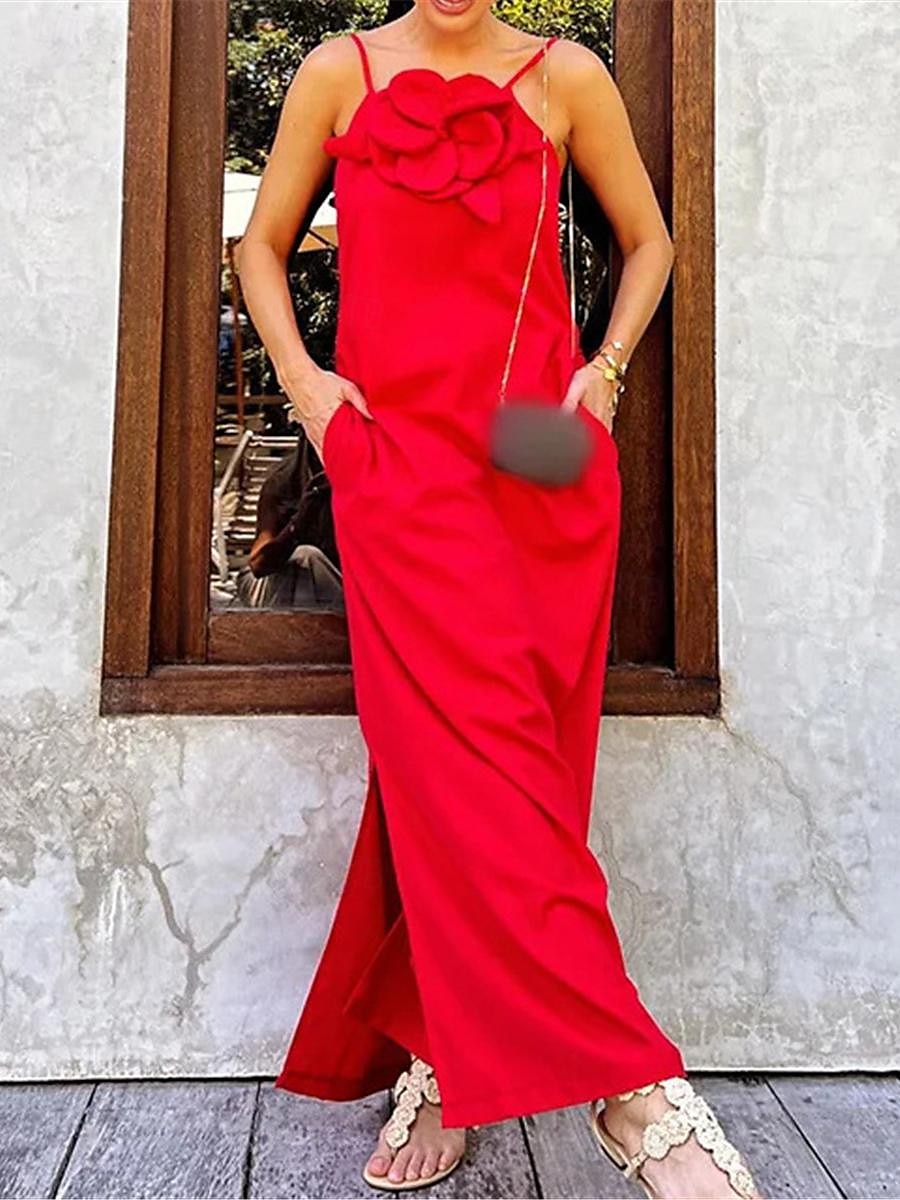 Per donna Nero Rosso Albicocca Estate Primavera Abito maxi Abiti in cotone e lino Vestito Casual Abito con spalline Essenziale Moderno Quotidiano Weekend Vestibilità comoda Semplice Spalline sottili del 2025 a $26.99 –P3