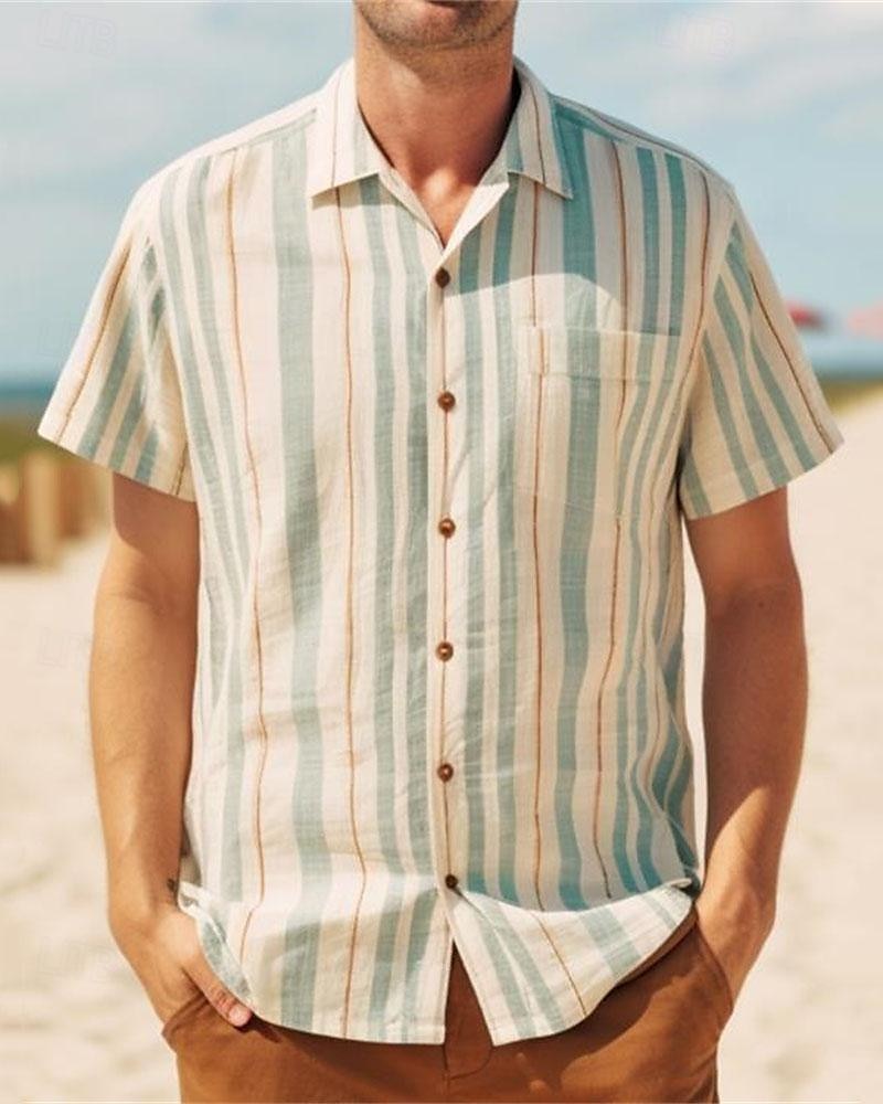Men's Shirt Summer Shirt Casual Shirt Beach Shirt Button Up Shirt Striped Shirts Blue khaki Short Sleeve Stripes Turndown Vacation Hawaiian Front Pocket Clothing Apparel Polyester Fashion Casual 2025 - $23.99 –P2