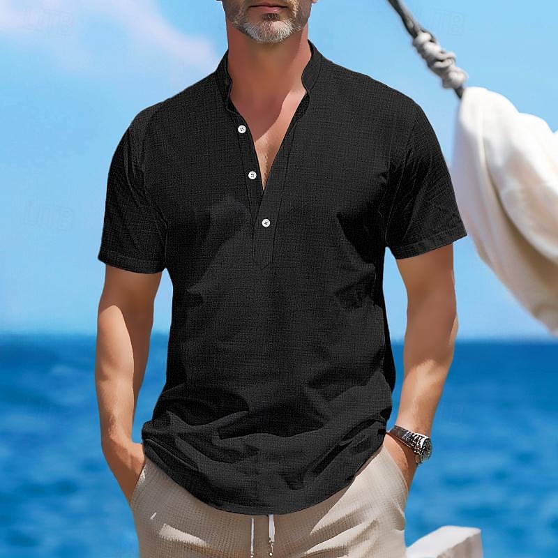 Herren Hemd leinenhemd Hemd mit Stehkragen Popover-Shirt Sommerhemd Strandhemd Glatt Urlaub Curise Schwarz Weiß Rosa Grün Kurzarm Henley Sommer Bekleidung 2025 - $22.99 –P10