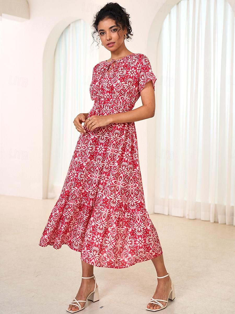 robe longue en mousseline de soie à fleurs et feuilles pour femmes, col noué, manches courtes, été de 2025 ? $7.39 –P5
