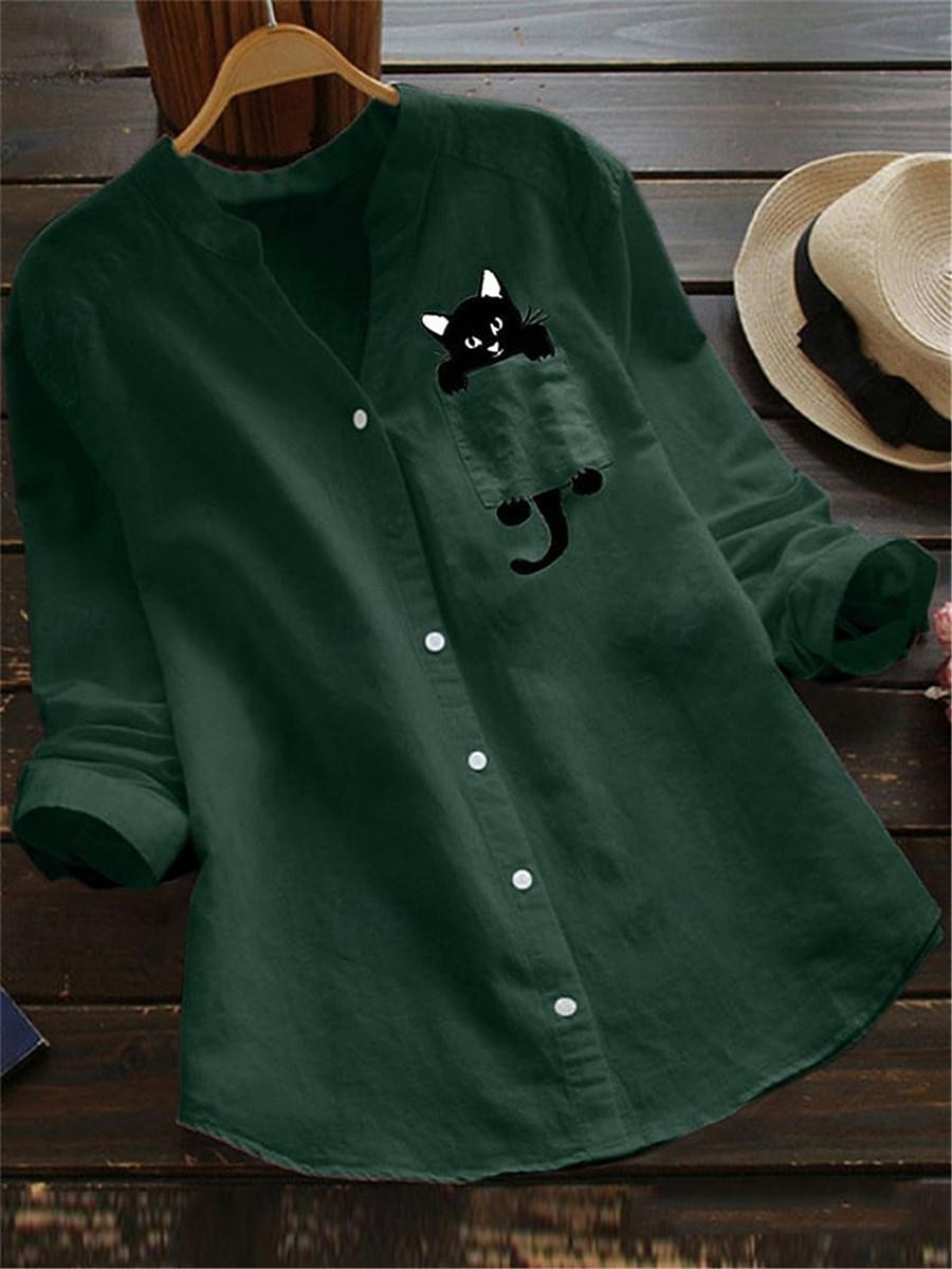 Dámské Košile Bavlněné lněné košile Halenka Imitace bavlny a lnu Tisk Kočka Základní Moderní Do V Denní Bílá Žlutá Armádní zelená Rubínově červená Léto 2026 - $17.49 –P7