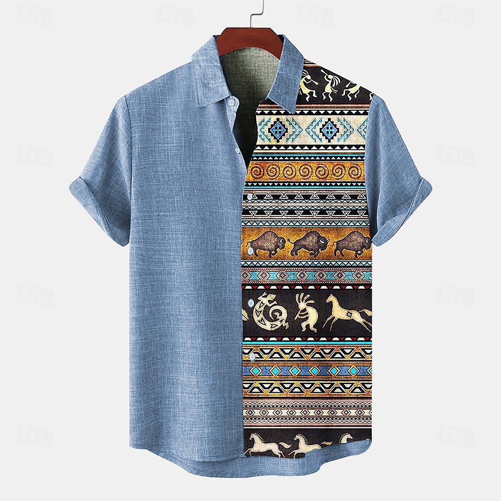 Homme Chemise Chemise Lin chemises rétro Chemise Vintage Chemise ethnique Tribal du quotidien Bleu Vert Kaki Manche Courte Col rabattu Eté Printemps Vêtement Tenue de 2026 ? $29.99 –P9