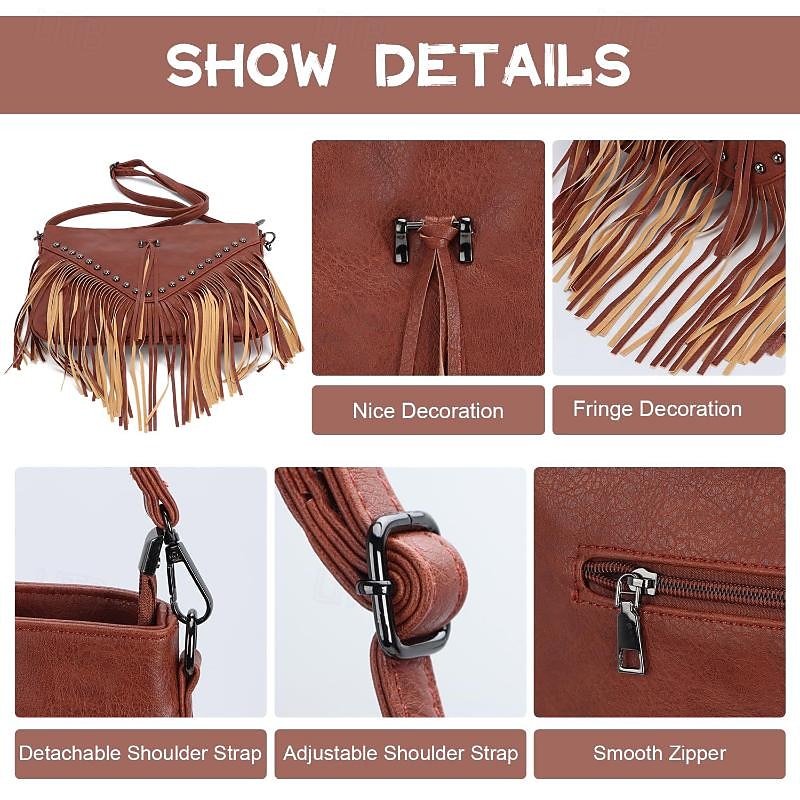 Mujer Bolso bandolera Bolsa de hombro Bolsa de vagabundo Cuero de PU Remache Borla Gran Capacidad Color sólido Negro Blanco Marrón 2025 - $32.99 –P3