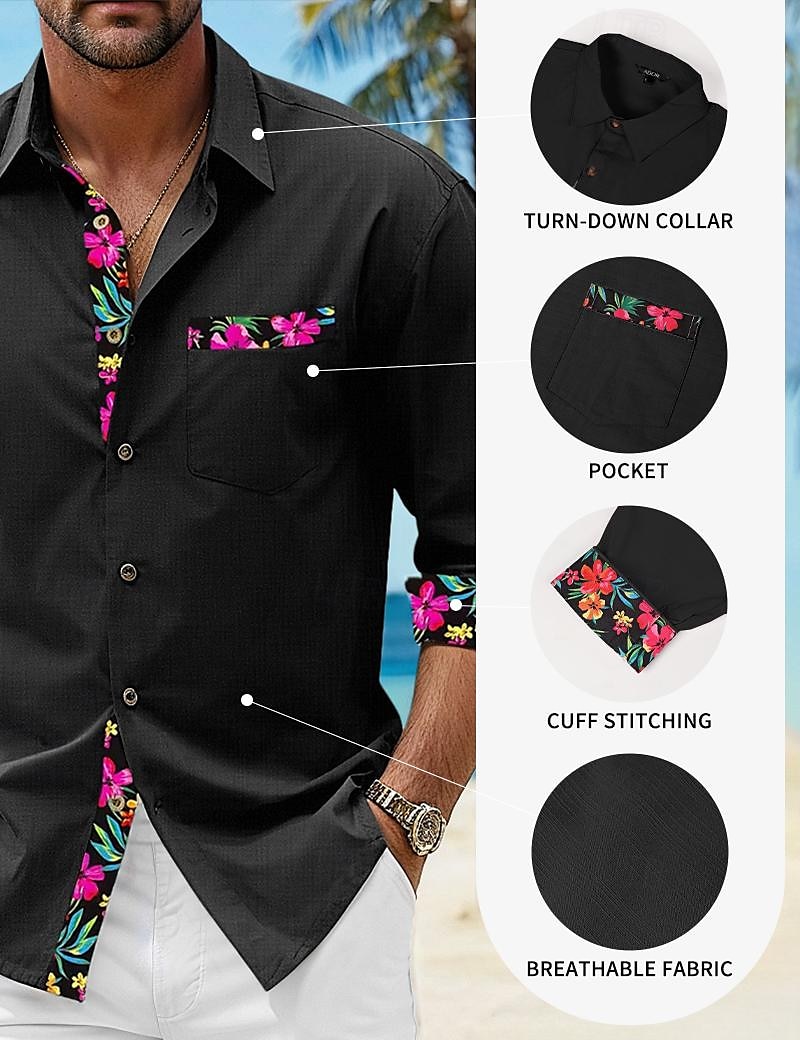 Voor heren Overhemd linnen overhemd Zomer overhemd Strand Kleding Overhemd met knopen Bloemig Vakantie Curise Zwart Wit Blozend Roze blauw Lange mouw Revers Lente & Herfst Kleding Splits 2025 - $26.99 –P1