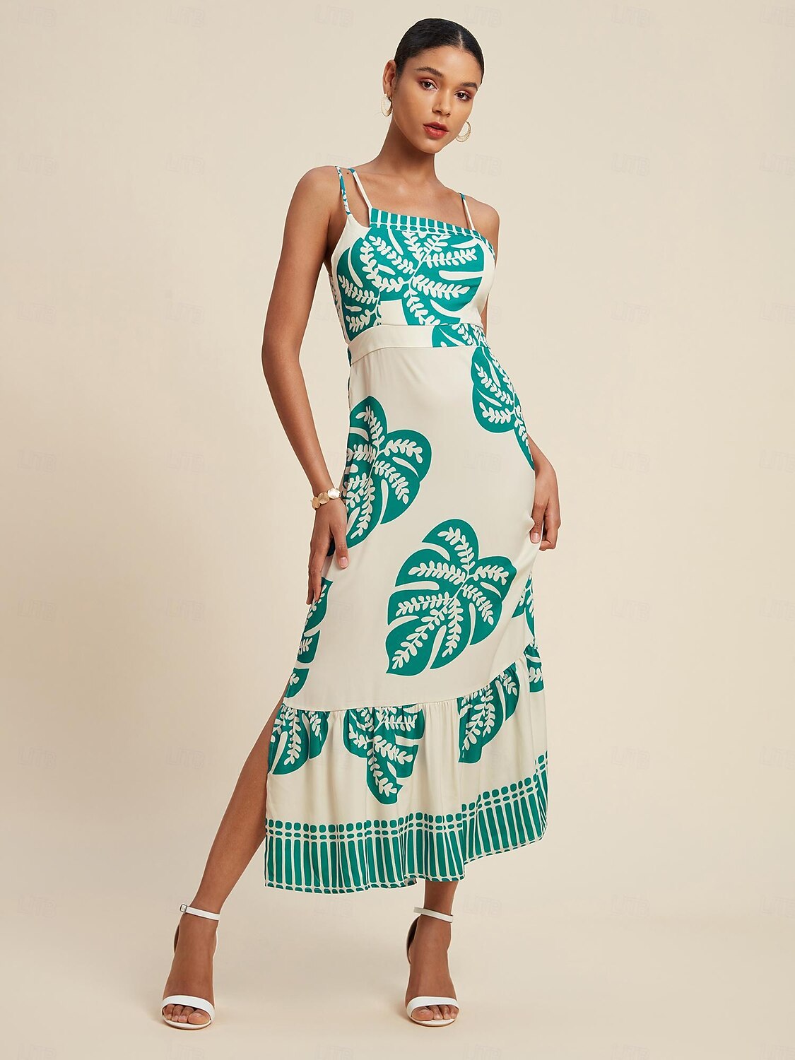 Maxikleid mit One-Shoulder-Träger aus Satin mit Palmenblättern 2025 - $103.99 –P1