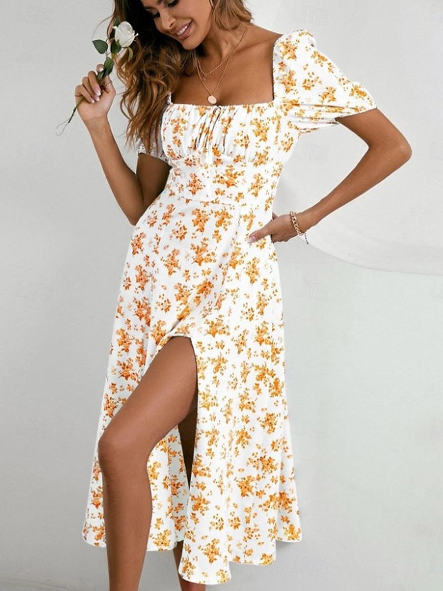 Women's Casual Dress Swing Dress Floral Split Print Square Neck Midi Dress Stylish Casual Daily Date Short Sleeve Summer 2025 - $28.99 –P17