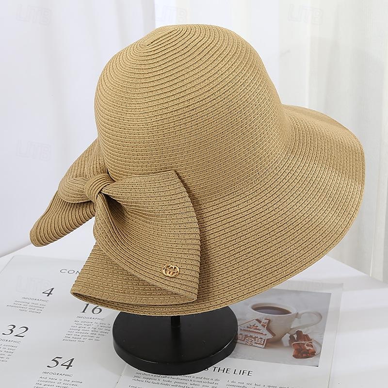Dam Hatt Halmhatt Solhatt Bärbar Solskydd Andningsfunktion Gata Dagligen Helgen Rosett Ren färg 2025 - $16.99 –P7