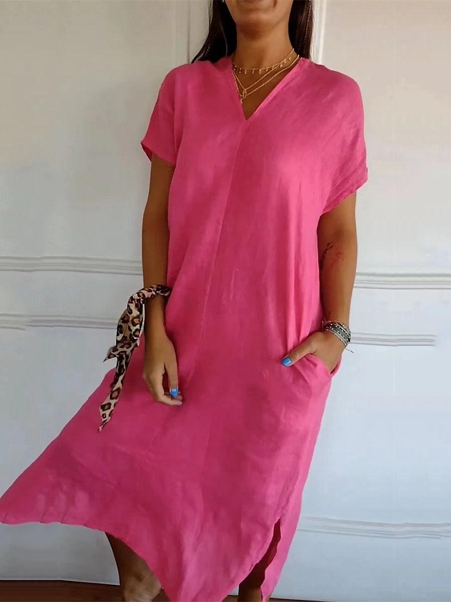 Femmes Noir Rouge Vert Été Printemps Robe Midi Robes inspirées du lin Robe Décontractée Basique Moderne Occasionnel Quotidien Week-end Coupe Ample Uni Col en V de 2025 ? $22.99 –P1