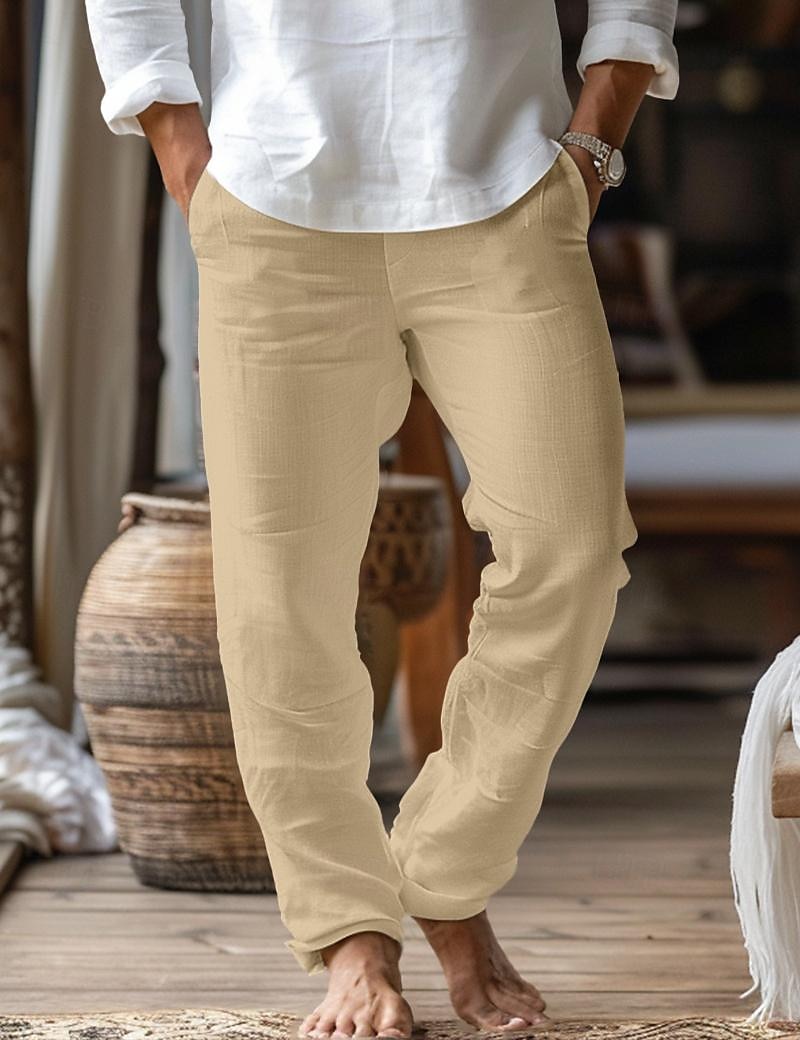 Men's Linen Pants Trousers Beach Pants Pocket Drawstring Plain Comfort Breathable Home Daily Stylish Classic Style Black White Micro-elastic 2025 - $20.99 –P3