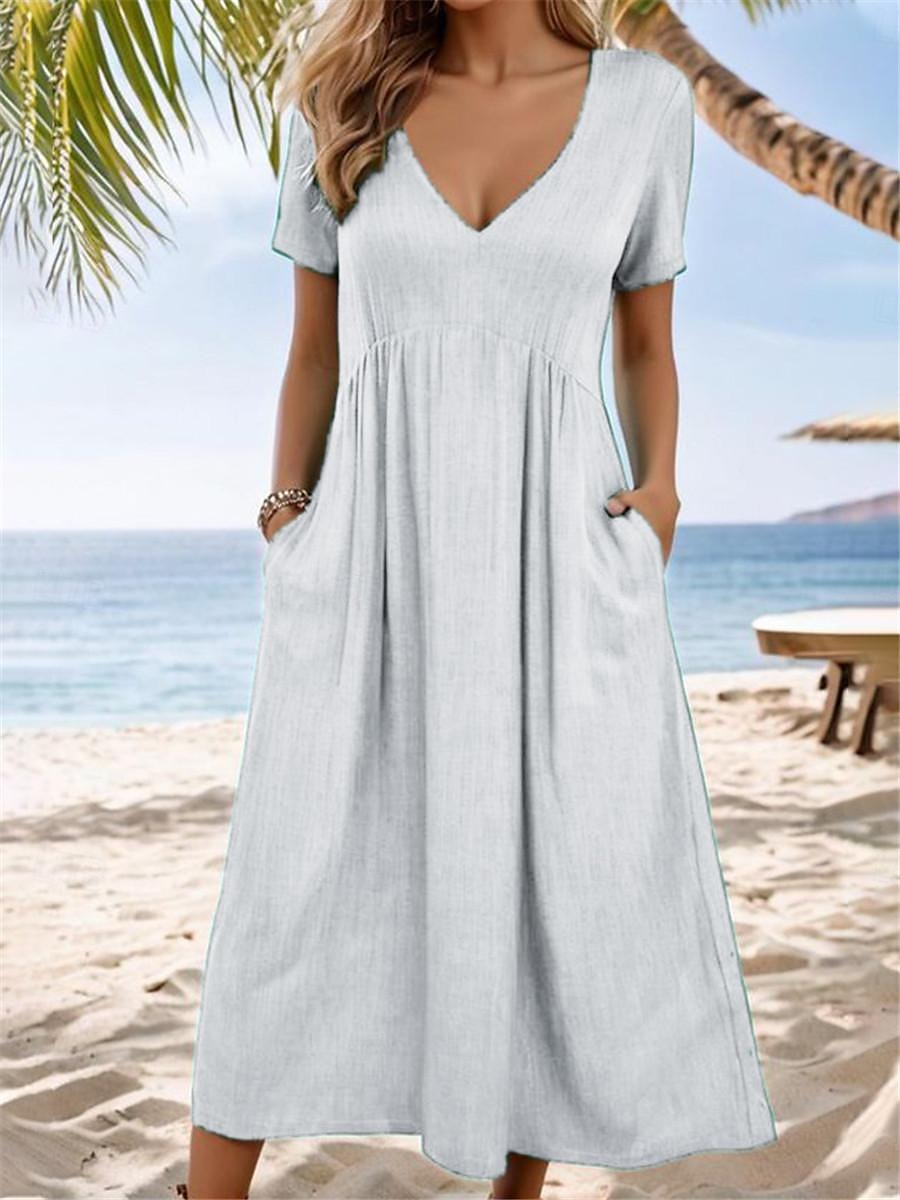 Mulheres Branco Azul Céu Verde Verão Primavera Vestido midi Vestidos inspirados em linho Vestido casual Vestido de linho de algodão Férias Básico Moderno Diário Final de semana Ajuste Largo Tecido de 2025 por $22.99 –P3