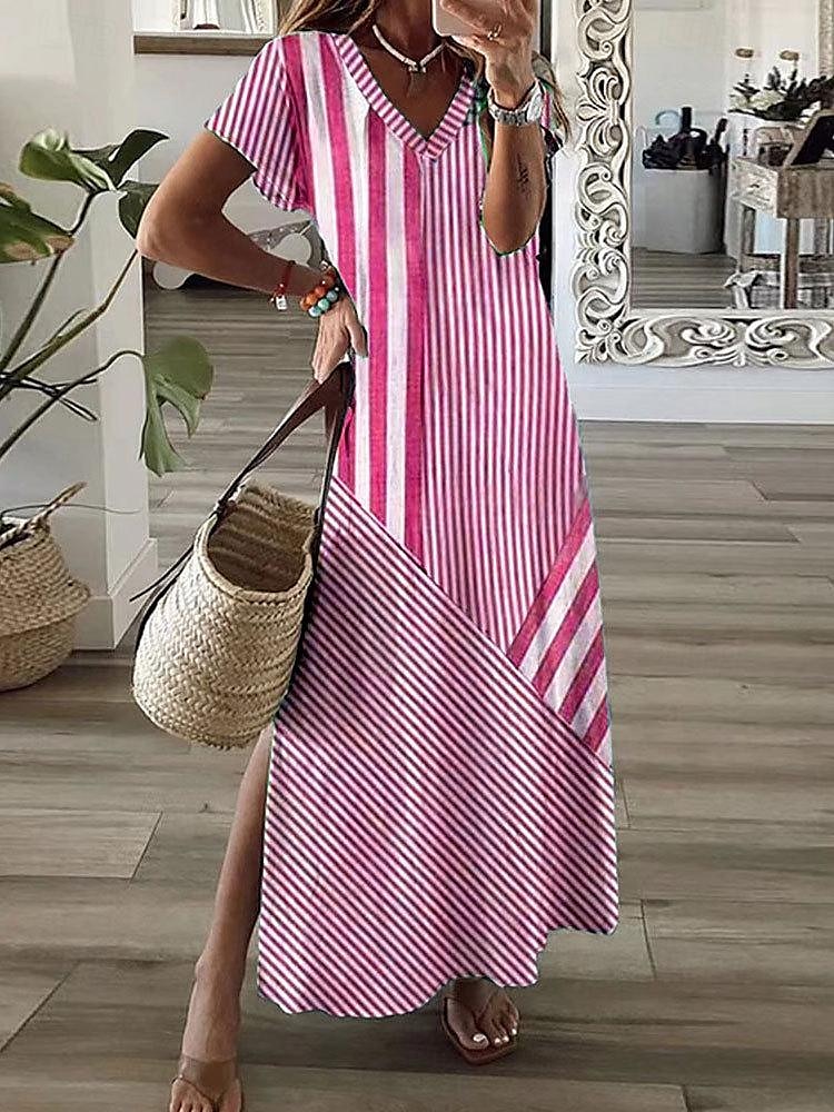 dámské ležérní šaty proužek patchwork potisk v krku midi šaty elegantní stylové rande dovolená léto podzim 2025 - $30.99 –P1