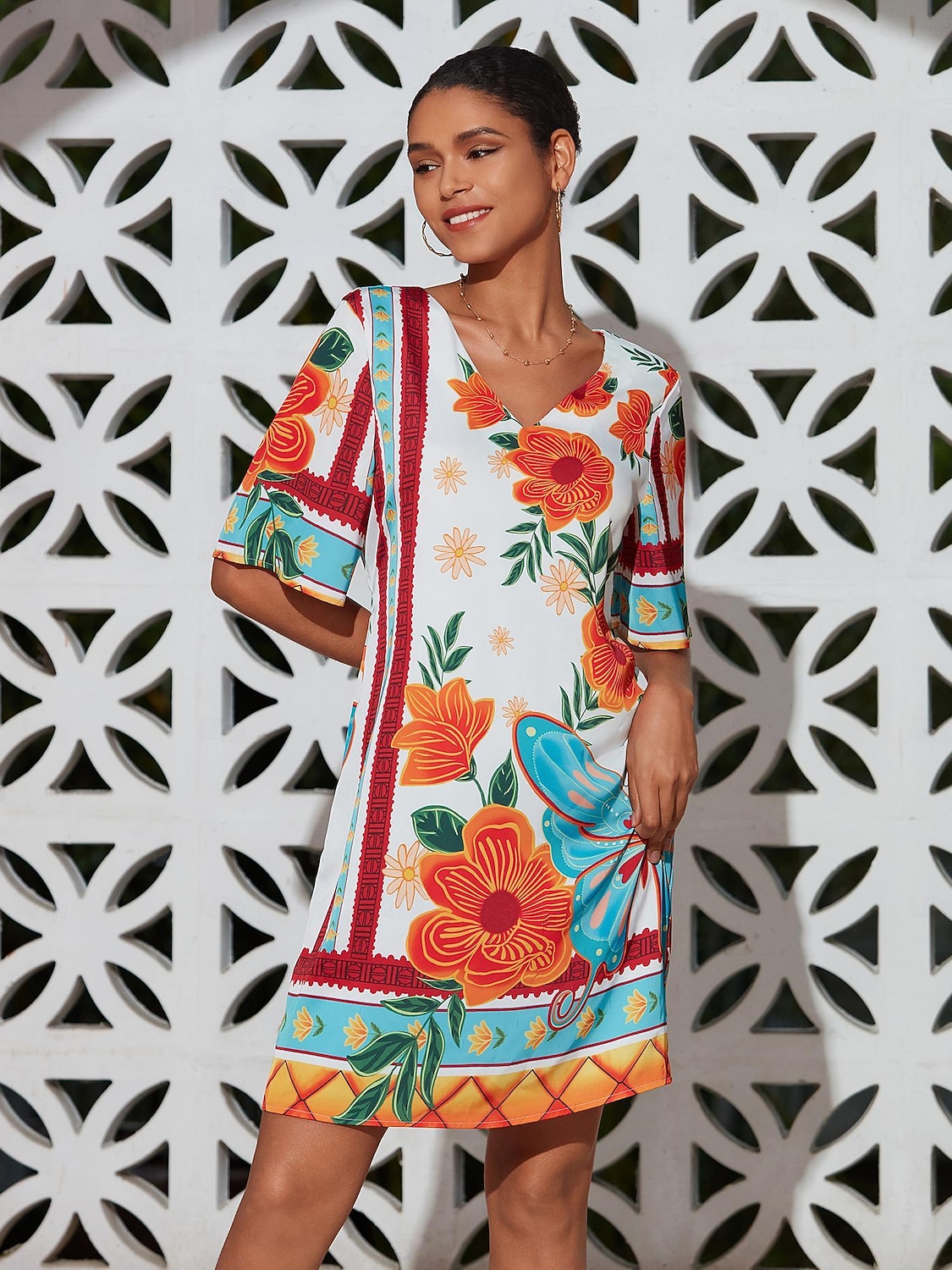 mini abito da donna con stampa floreale, scollo a V, manica corta, vestito estivo con motivo floreale arancione, casual, abbigliamento da spiaggia, stile elegante del 2025 a $64.99 –P7