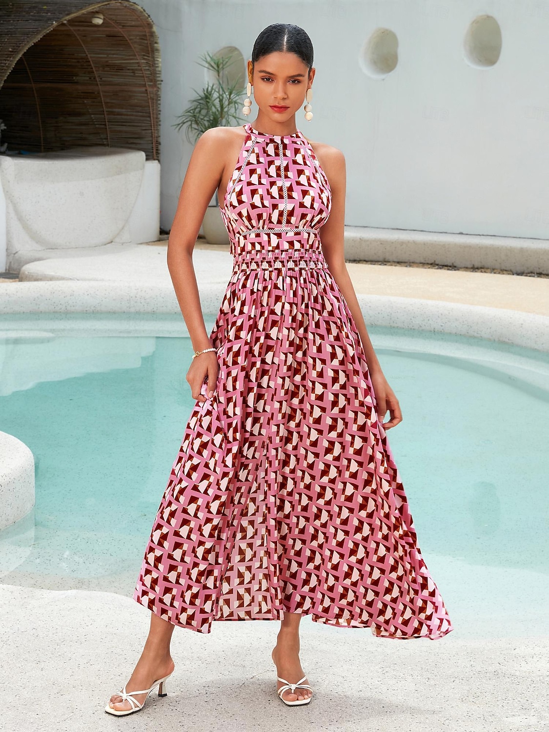 Damen Resortkleidung Maxikleid Rosa Ärmellos Geometrisch Spitzenbesatz Frühling & Sommer Neckholder Elegant Strandurlaub S M L 2025 - $86.99 –P1