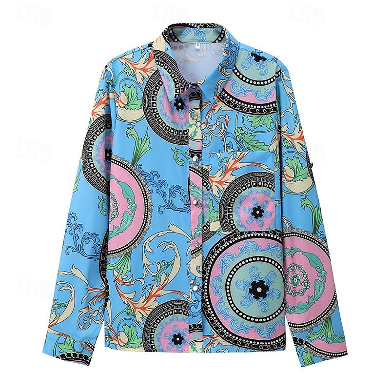 camicia da donna camicia boho camicetta vintage streetwear casual floreale a righe lettera bottoni tasca stampa manica lunga regular top colletto camicia nero bianco blu viola fucsia primavera autunno del 2025 a $35.99 –P1