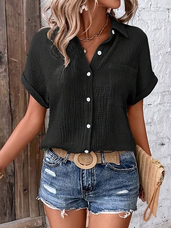 Women's Blouse V-Neck Button-Up Textured Pattern Casual Short Sleeve Summer Top Faded Blue Regular Fit Lightweight Breathable 2025 - $34.99 –P8